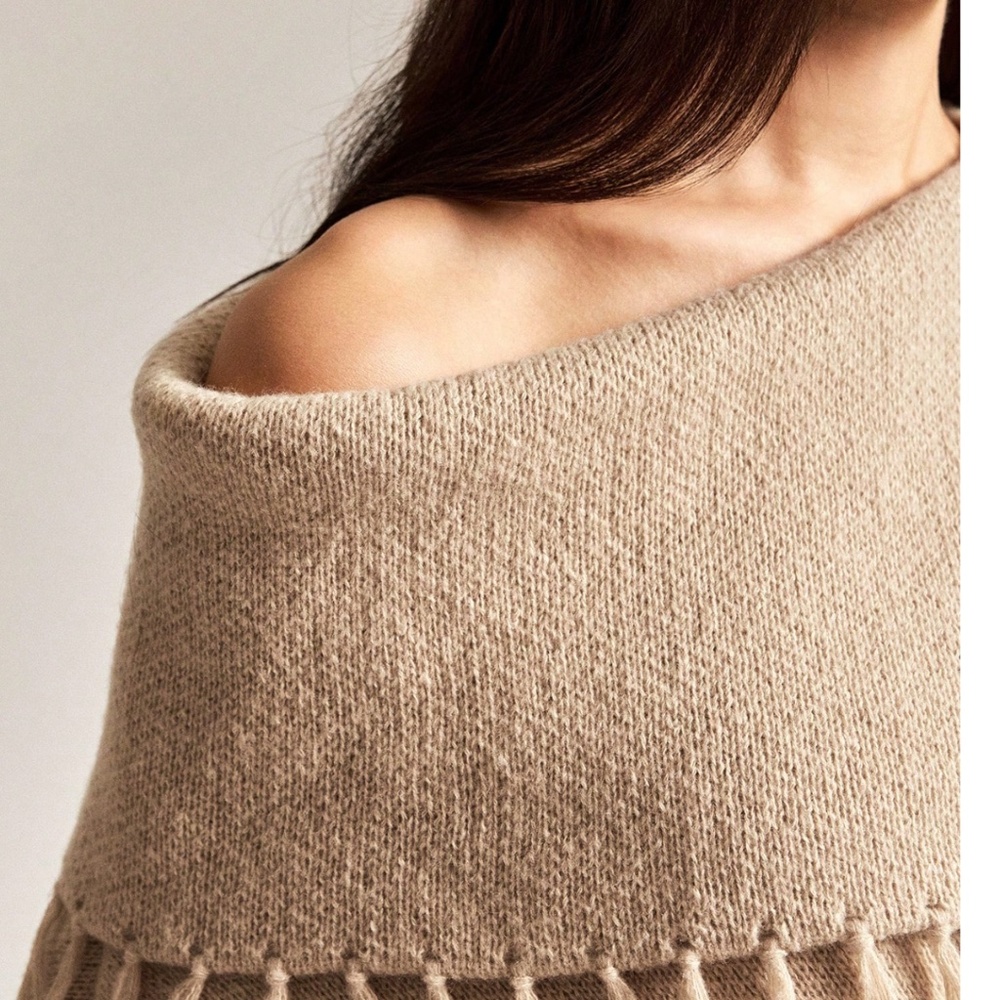 Classic Tan Fringe Detail Oversized Poncho Sweater Top - Picture 8 of 8
